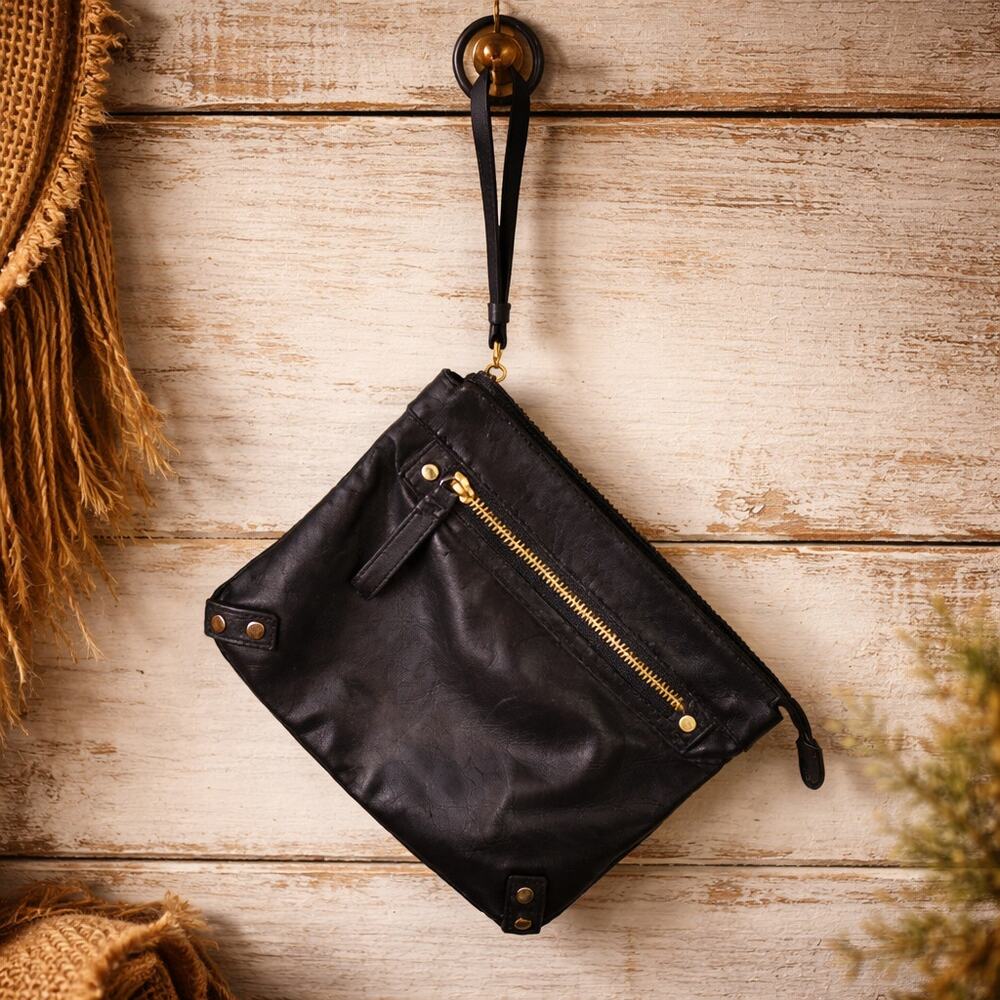 Club Monaco Black Buttery Soft Leather Clutch Purse With Wrist Handle 11" x 8.5"